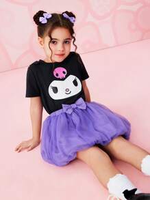 HELLO KITTY AND FRIENDS | SHEIN 年轻女孩卡通猫耳图案黑色可爱图案 T 恤和紫色薄纱裙套装，休闲装 - 紫色 - 查看 9