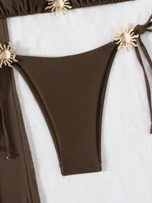 Bonvoyette 3 件纯色三角形无线吊带上衣、侧系带比基尼泳裤和长网裙，女士夏季沙滩游泳度假泳装套装 - 咖啡棕 - 查看 6