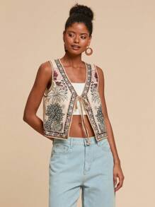 Travachic 编织棕榈树印花系带前开襟无袖上衣，适合女士、夏季、沙滩装、春夏、复活节、假期、海滩、春假、适合度假、下午茶、婚礼季、海滩邮轮度假、城市公路旅行度假、波西米亚风度假、音乐节、沙滩装、复活节、女士海滩、优雅上衣、度假、音乐会、热带度假、假日、波西米亚风、适合春夏和秋季 - 杏色 - 查看 6