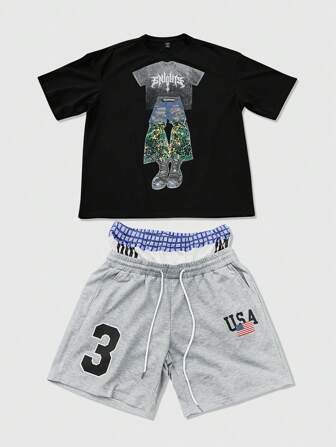 Street Life Set de 2 piezas de Camiseta de manga corta con estampado gráfico y Pantalones cortos con cordón en la cintura para hombre, adecuado para primavera/verano