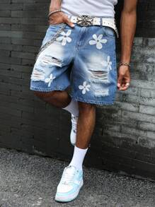 Manfinity EMRG Shorts vaqueros casuales para hombre con bolsillo rasgado y estampado floral de color contrastante