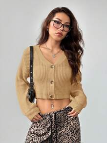 SHEIN PETITE White Lantern Sleeve Button Front Rib Knit Cardigan - Khaki - View 5