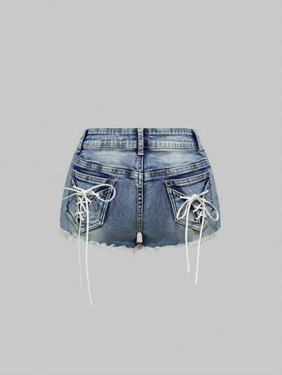 J-Fashion Women's Retro Vintage American Flag & English Text Printed Low Waist Denim Mini Shorts