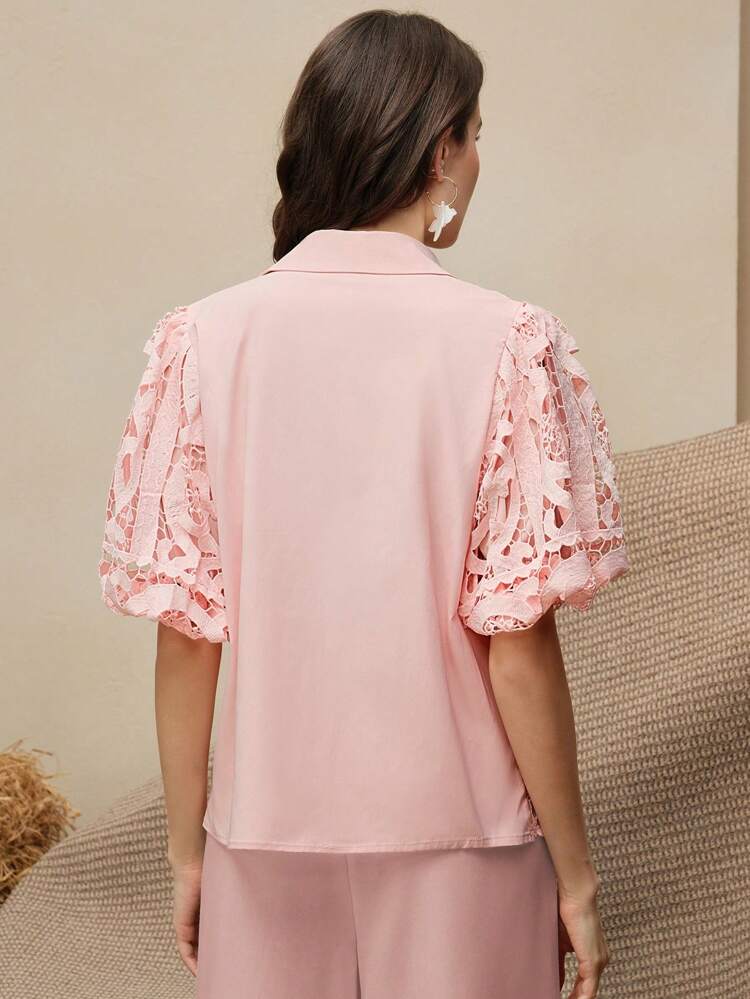 Solid Color Lace Front Button Up Sheer Sexy Short Sleeve Blouse For Summer