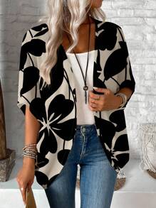 EMERY ROSE Plus Size Women Casual Minimalist Apricot Floral Print Lightweight Jacket, Suitable For Spring & Summer Autumn Women Cardigan,Fall Clothes For Women - Multicolor - View 1