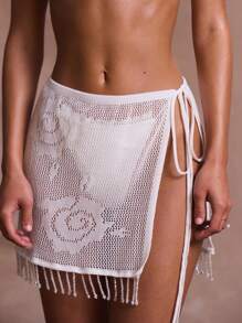 Musera Resort 花卉针织系带侧边串珠下摆纱笼裙，夏季伊比沙岛风格，适合度假、性感浪漫海滩游泳、优雅节日罩衫、单身派对、婚礼、新娘告别单身派对等场合，春季穿着。 - 白色 - 查看 2