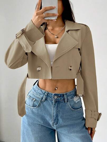 SHEIN EZwear Abrigo de trinchera casual de unicolor caqui de manga larga y corto para mujer en otoño/invierno
