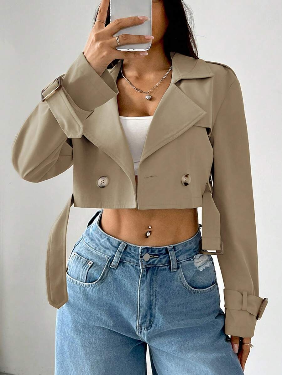 SHEIN EZwear 秋冬女士纯色短款长袖休闲卡其色风衣 - 卡其色 - 查看 1