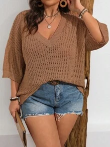 Franclia Maglione pullover taglia comoda, tinta unita, modello taglie forti con lavorazione traforata