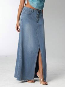 Aloruh Women's Casual Low-Waist Bodycon Front Slit Mermaid Hem Denim Maxi Skirt, Night Out - Light Wash - View 6