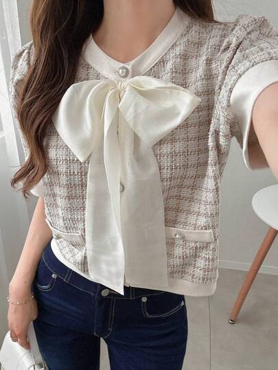 FRIFUL 女士短袖纹理格子面料蝴蝶结领口装饰T恤，节日