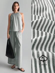 Ontre Women's Casual Green Striped Two-Piece Set Sleeveless Halter Top And Wide-Leg Pants Co-Ord - Multicolor - View 3