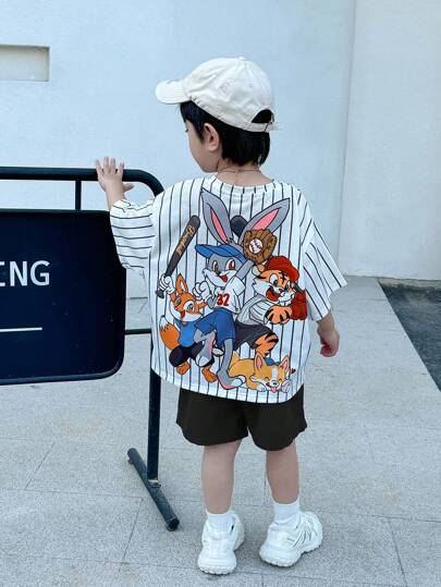 SHEIN 2pcs/Set Young Boy Casual Street Fashion Cute Cartoon Animal Group Graphic Oversized Round Neck Short Sleeve T-Shirt And Blue Shorts Outfit, Suitable For Spring/Summer, Back Top School