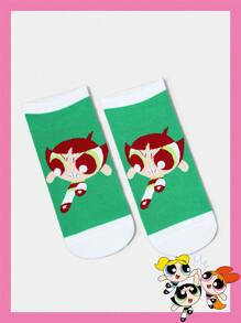 THE POWERPUFF GIRLS X SHEIN 1 Pair Women's Buttercup Pattern Cute Ankle Socks - Green - View 1
