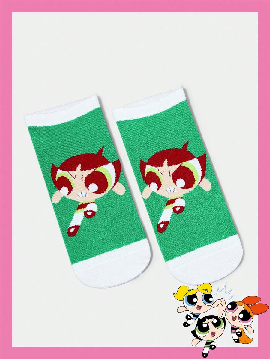 THE POWERPUFF GIRLS X SHEIN 1 Pair Women's Buttercup Pattern Cute Ankle Socks - Green - View 1