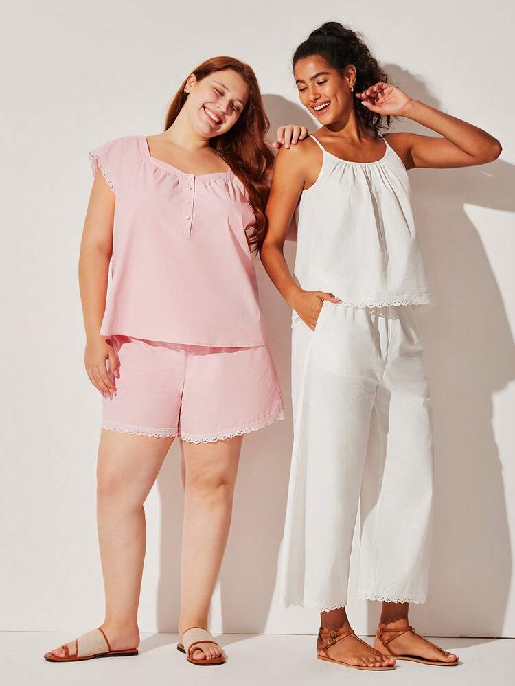 Ensemble de pyjama d'été pour femmes grandes tailles, 100% coton pur, blanc avec broderie florale et dentelle rose, Top à manches courtes avec boutons et short. Tenue décontractée et confortable, pantalon avec poches. Lingerie pouvant être portée à l'extérieur, assortiment de mariage