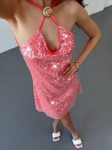 Aloruh Women's Sequin Mini Dress,Coral Pink,Summer,70s Retro,Night Out,Party,Backless Slouch Neckline Open Back Graduation Outfit,Elegant Wedding Guest Dress - Orange - View 3