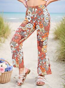 SHEIN Young Girl Knitted Floral Patchwork Casual Holiday Flared Pants