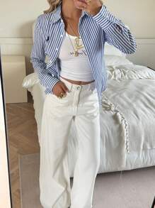 SHEIN EZwear 女式新款刺绣装饰条纹修身长袖衬衫 - 藍白色 - 查看 6