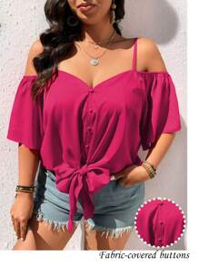 SHEIN LUNE Plus Size Fashion Casual Retro V-Neck Off-Shoulder Tie-Up Blouse - Pink - View 6