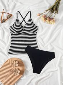 Swim Lushoire Bộ 2 món/Bộ đồ bơi bikini cạp cao hở lưng kẻ sọc đan chéo cho nữ, đồ bơi đi biển mùa hè - Đen và trắng - Xem 5