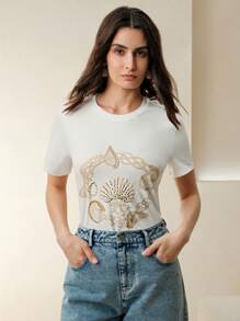 Anewsta Heavy Print Handmade Beaded Round Neck Versatile Regular Shoulder Short Sleeve T-Shirt - White - View 6