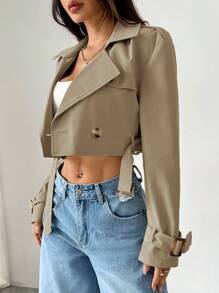 SHEIN EZwear 秋冬女士纯色短款长袖休闲卡其色风衣 - 卡其色 - 查看 3