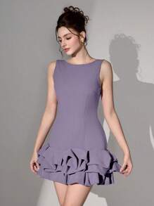 Poshira Vestido corto de punto para mujer con bloques de color negro, sin mangas, espalda descubierta y diseño calado para fiesta