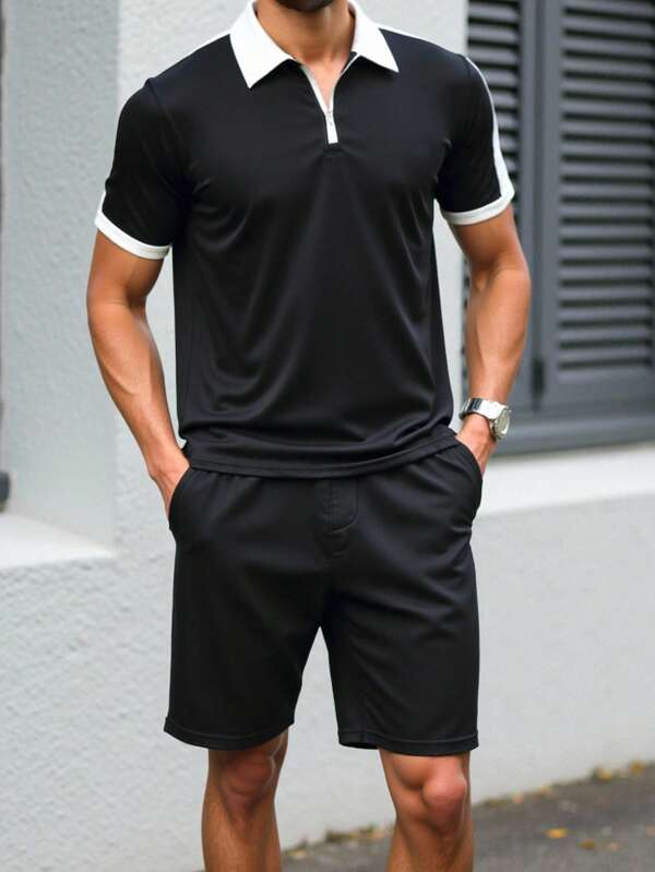 Manfinity ModaGents Set de cămașă polo cu jumătate de fermoar, 2 bucăți, tricot casual pentru bărbați