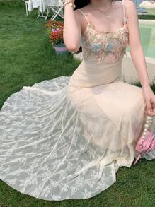 DAZY Women's Korean Style Summer Heavy Floral Decor Romantic Garden Lace Midi Dress
