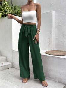 SHEIN Frenchy Solid Belted Wide Leg Trousers - Dark Green - View 3