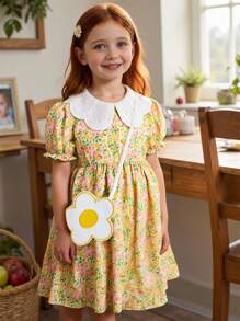 SHEIN Vestido con bolso con flores, mangas abullonadas, cuello bordado y cintura fruncida, con estampado floral pequeño, adecuado para uso casual y de vacaciones para niñas jóvenes