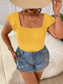 SHEIN VCAY Plus Size Women's Solid Color Cap Sleeve Square Neck Fitted T-Shirt Yellow Crop Top Women Yellow Summer Top Cute Yellow Top Mustard Yellow Top Yellow Babydoll Top - Yellow - View 6
