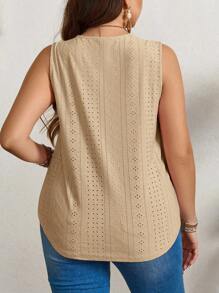 SHEIN LUNE Plus Size Women Casual Vacation Embroidered Floral Loose Fit Sleeveless Top - Khaki - View 2