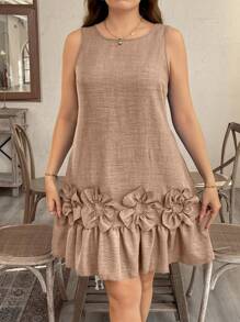 SHEIN LUNE Plus Size Floral 3D Ruffle Hem Straight Dress - Camel - View 5