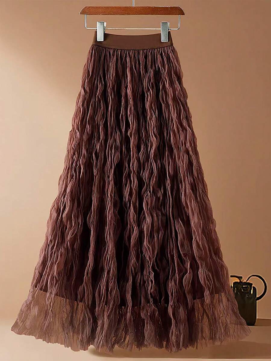Franclia Sweet A-Line Ruffle Tulle Mid-Length High Waist Pleated Flared Skirt, Spring & Summer' Fall Cloth For Women - Coffee Brown - View 1