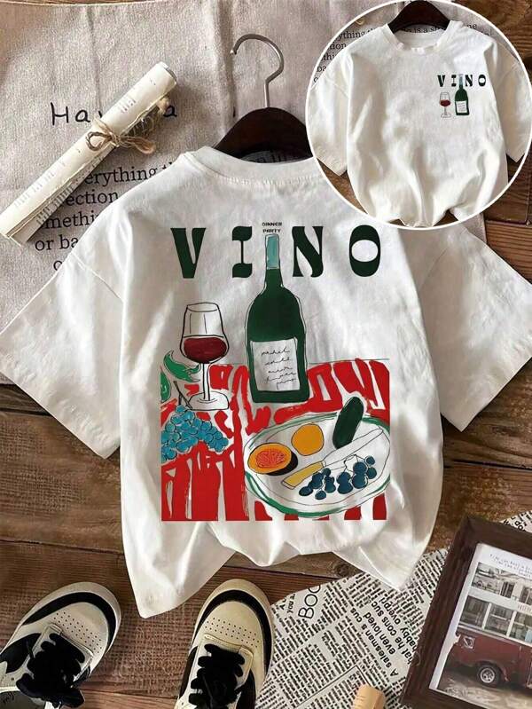 SHEIN LUNE Retro Bohemian Style Summer Beverage Social Club Clothing, Women's Casual Short Sleeved Round Neck T-Shirt