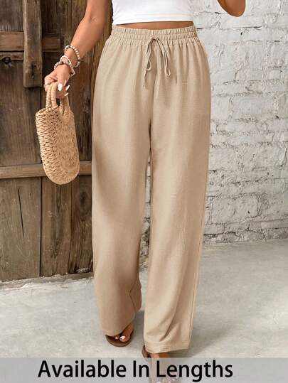 SHEIN PETITE CURVE Plus Size Women Solid Color Straight Full Elastic Waist Drawstring Casual Pants Valentine's Day Outfit
