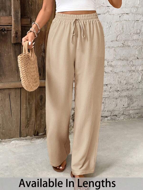 SHEIN PETITE CURVE Plus Size Women Solid Color Straight Full Elastic Waist Drawstring Casual Pants