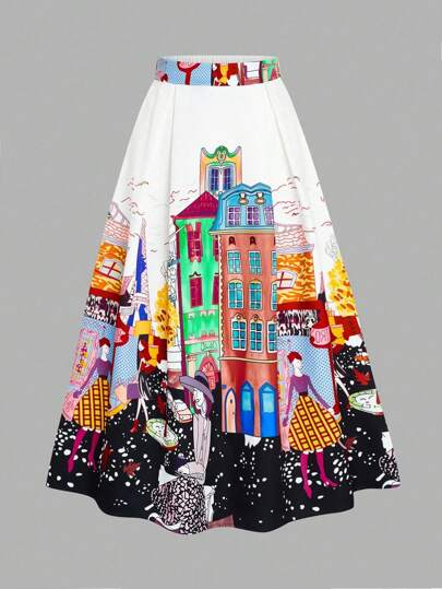 SHEIN LUNE 大码女装时尚印花百褶裙