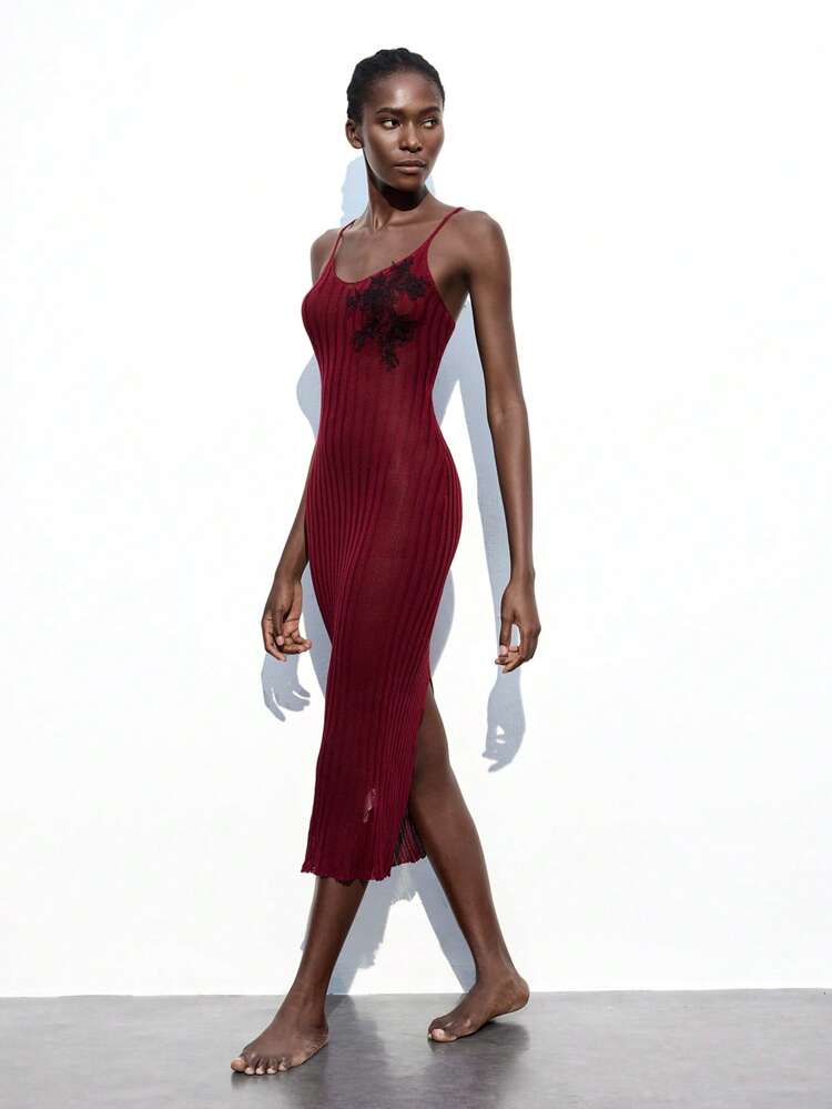 SHEIN Maija Burgundy Bodycon V-Neck Sleeveless Knit Dress, Lace Panel On Front, Fitted Silhouette, Stylish & Elegant, Suitable For Autumn Women Outerwear Midi Dress