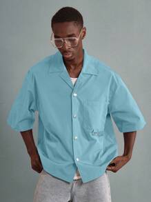 SUMWON 超大号短袖纽扣衬衫轻盈宽松休闲夏季街头潮流印花 - 藍色 - 查看 3