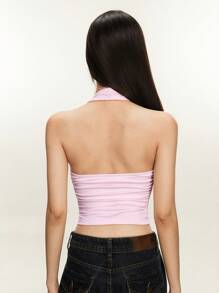 INAWLY Top corto halter con flor decorativa fruncida de unicolor para mujer - Rosa - Ver 3