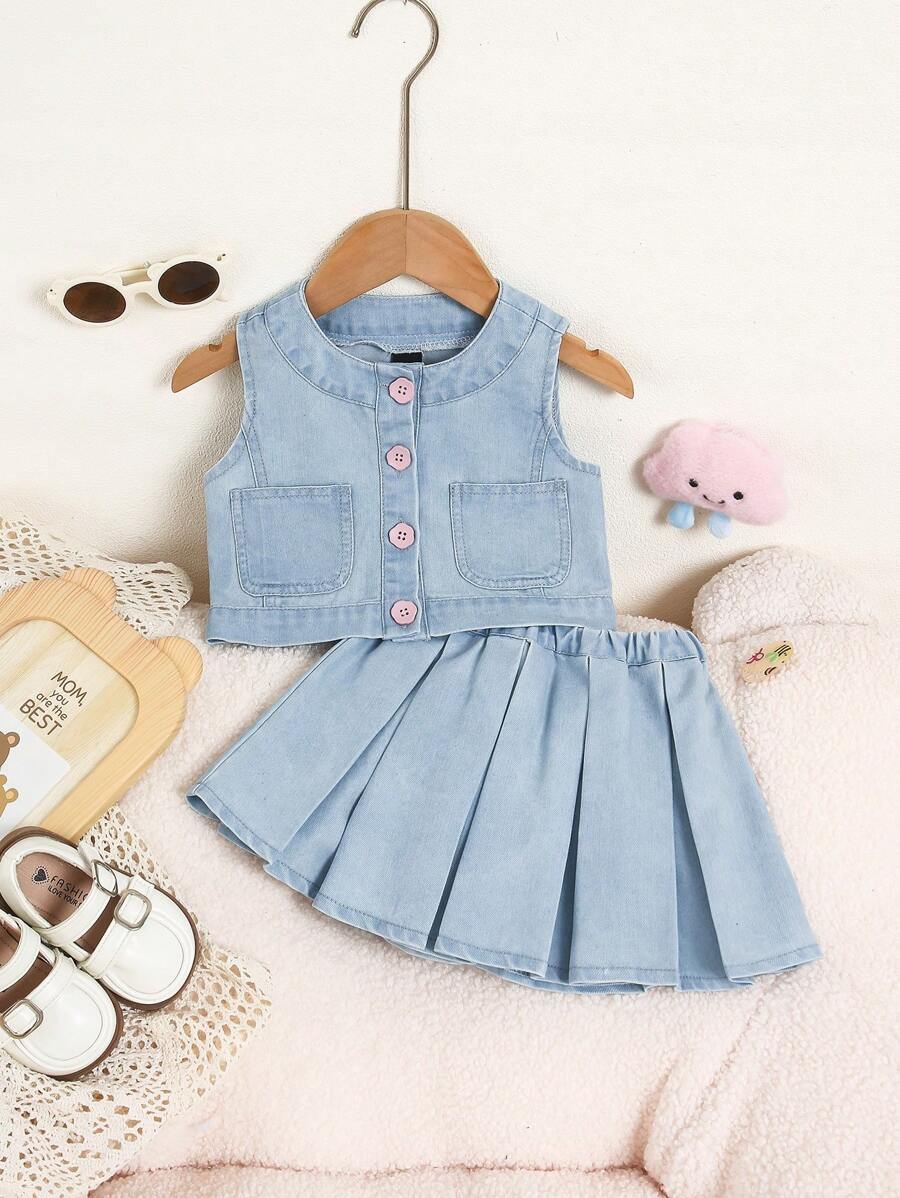Baby/Baby GirlCasual Denim Vest Jacket & High Elasticated Pleated Denim Skirt, Lightweight & Versatile, Suitable For Everyday Wear, Baby Girl Denim Two Piece Set - Light Wash - View 1