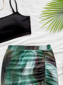 Soleia 全新针织日落印花扭纹细节金属装饰短款上衣和开衩下摆绿色半身裙 2 件套