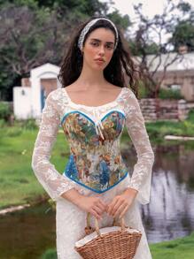 Myrelith 1pc Women's Floral Jacquard Lace-Up Back Tube Top - Multicolor - View 1