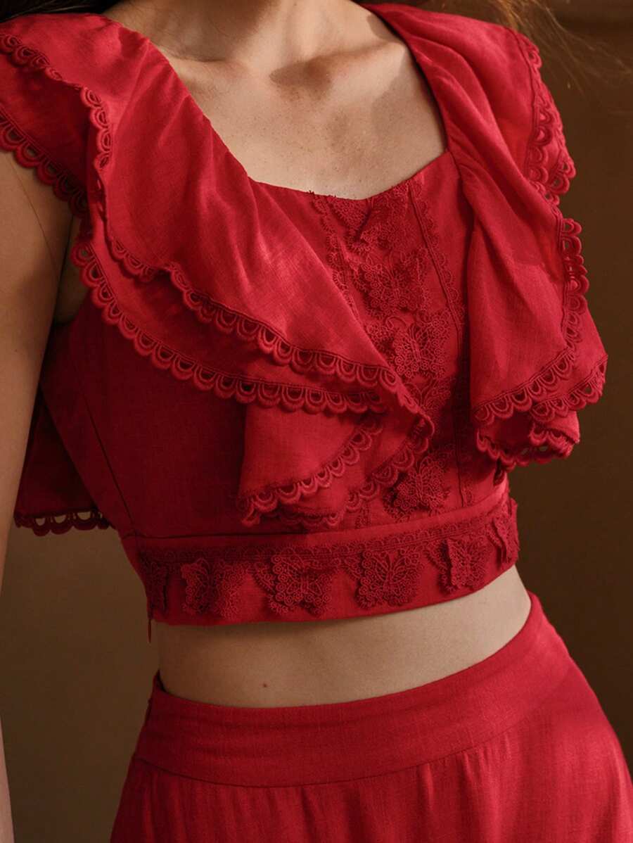 MOTF PREMIUM 亚麻对比蕾丝衬衫 - 紅色 - 查看 2