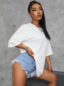 INAWLY Round Neck Drop Shoulder Tee - White - View 4