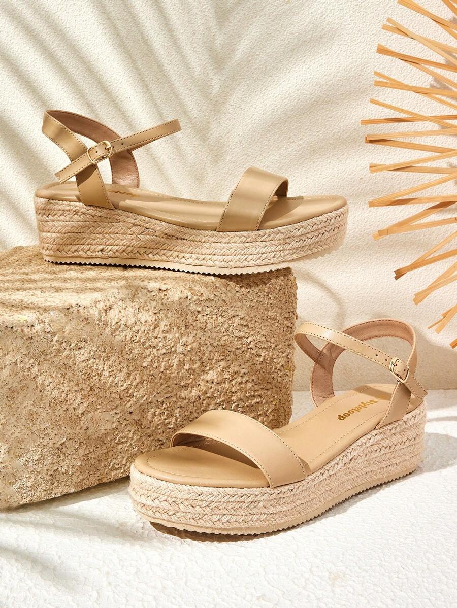 Styleloop Sandalias de cuña de lona para mujer, zapatos de plataforma minimalistas, prácticos y versátiles - Caqui - View 1