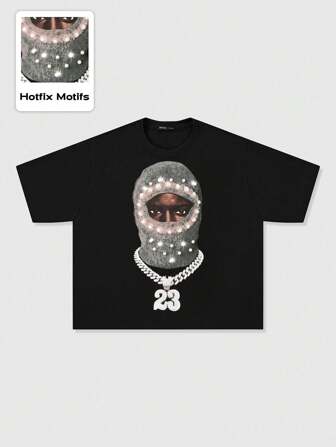 Street Life Camiseta de manga corta holgada con aplicaciones de perlas 3D para hombres